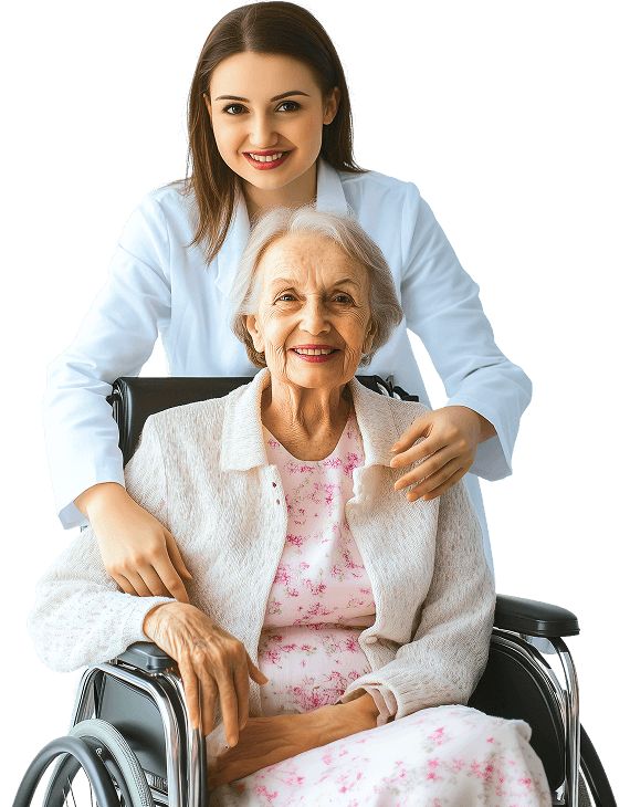Caregiver supporting an elderly woman in a wheelchair at home